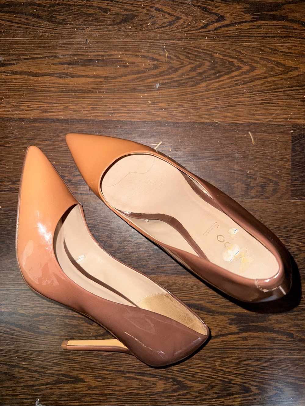 Aldo Two-Tone Patent Pointed Toe Heels in Peach and Brown